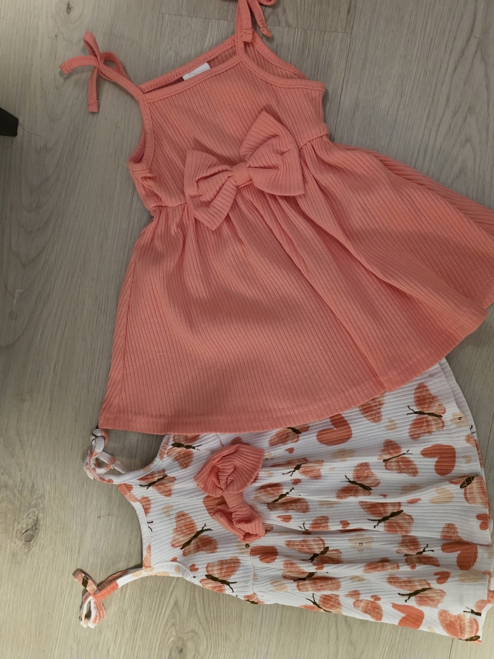 SHEIN Coral Pink Bow Tank Dress & Peach Heart Print Dress Set